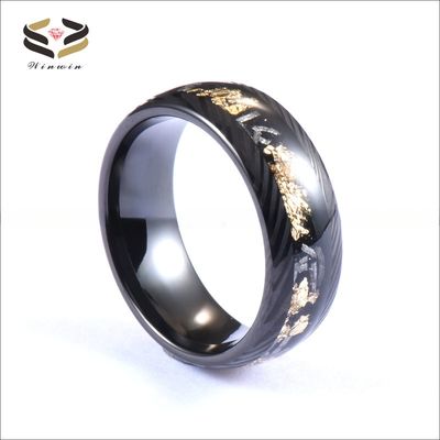 Christmas/ Year/Father's Day 8mm Black Damascus Tungsten Rings for Men Meteorite Gold Leafs Inlay Wedding Engagement Band
