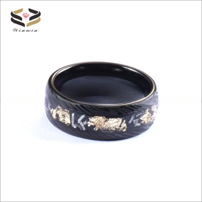 Christmas/ Year/Father's Day 8mm Black Damascus Tungsten Rings for Men Meteorite Gold Leafs Inlay Wedding Engagement Band