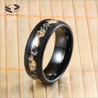 Christmas/ Year/Father's Day 8mm Black Damascus Tungsten Rings for Men Meteorite Gold Leafs Inlay Wedding Engagement Band