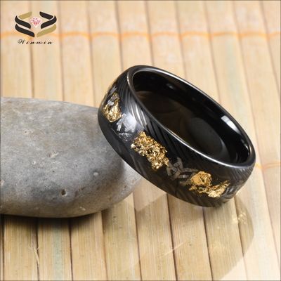 Christmas/ Year/Father's Day 8mm Black Damascus Tungsten Rings for Men Meteorite Gold Leafs Inlay Wedding Engagement Band