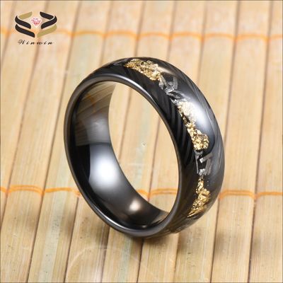 Christmas/ Year/Father's Day 8mm Black Damascus Tungsten Rings for Men Meteorite Gold Leafs Inlay Wedding Engagement Band