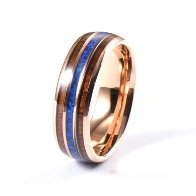 8mm Tungsten Carbide Men Wedding Ring With Hawaiian Koa Wood And Blue Opal Inlay
