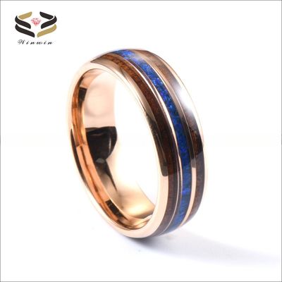 8mm Tungsten Carbide Men Wedding Ring With Hawaiian Koa Wood And Blue Opal Inlay