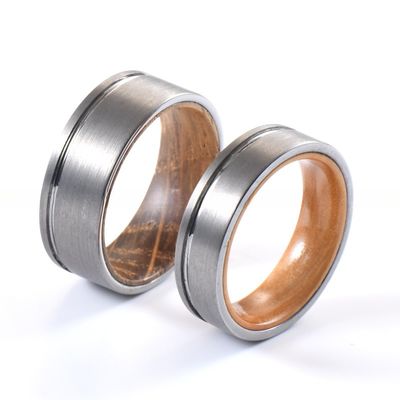 8mm 6mm Men's Tungsten Carbide Flat Edges Silver Ring with Olive Wood Whiskey Wood Inlay Wedding Engagement Ring Jewelry