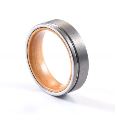8mm 6mm Men's Tungsten Carbide Flat Edges Silver Ring with Olive Wood Whiskey Wood Inlay Wedding Engagement Ring Jewelry