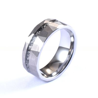8mm Tungsten Silver Hammered Meteorite Inlay Ring for Men's Shaving Wedding