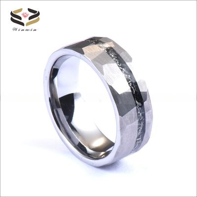 8mm Tungsten Silver Hammered Meteorite Inlay Ring for Men's Shaving Wedding