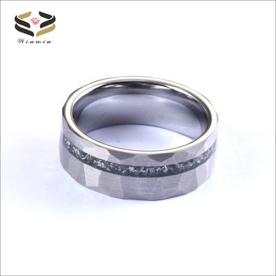 8mm Tungsten Silver Hammered Meteorite Inlay Ring for Men's Shaving Wedding