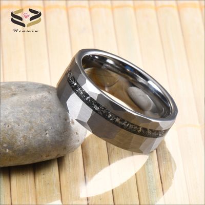 8mm Tungsten Silver Hammered Meteorite Inlay Ring for Men's Shaving Wedding