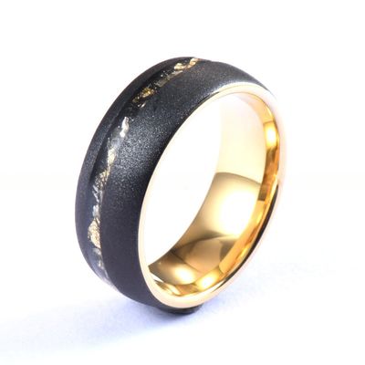 Men Crushed Meteorite Tungsten Ring Sandblasted Gold And Black Gold Foil 8mm