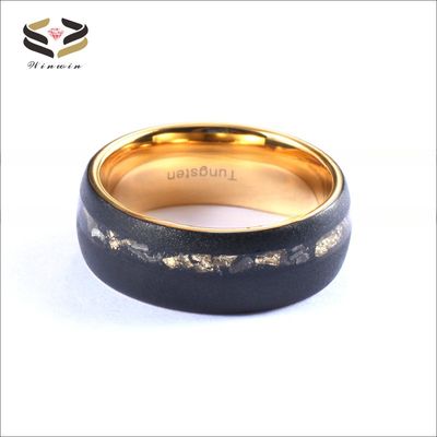 Men Crushed Meteorite Tungsten Ring Sandblasted Gold And Black Gold Foil 8mm