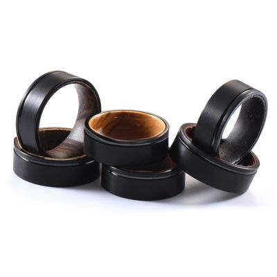 8mm Black Tungsten Ring Grooved Offest Whiskye Barrel Wood Liner Classic Style for Men Wedding Band Engagement Promise Gift