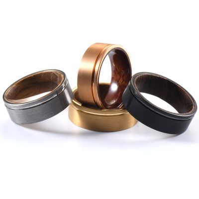 8mm Black Tungsten Ring Grooved Offest Whiskye Barrel Wood Liner Classic Style for Men Wedding Band Engagement Promise Gift