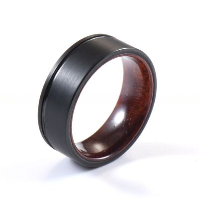 8mm Flat Offset Grooved Whiskey Barrel Wood Olive Wood Rosewood Liner Black Tungsten Carbide Rings for Party Occasion