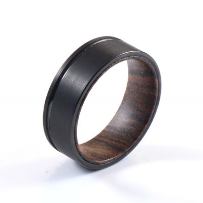8mm Flat Offset Grooved Whiskey Barrel Wood Olive Wood Rosewood Liner Black Tungsten Carbide Rings for Party Occasion