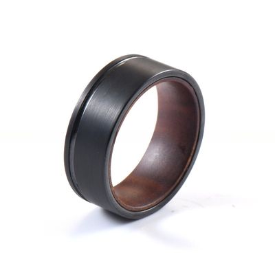 8mm Flat Offset Grooved Whiskey Barrel Wood Olive Wood Rosewood Liner Black Tungsten Carbide Rings for Party Occasion