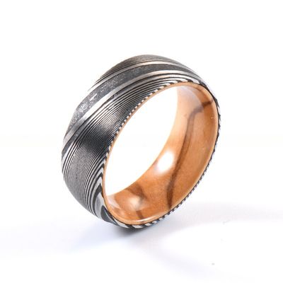 8mm Dome Latest Damascus Steel Ring With Olive Wood Sleeve Inlay for Men's Wedding Bands or Rings Third Party Appraisal