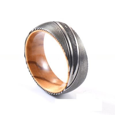 8mm Dome Latest Damascus Steel Ring With Olive Wood Sleeve Inlay for Men's Wedding Bands or Rings Third Party Appraisal
