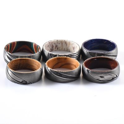 8mm Dome Latest Damascus Steel Ring With Olive Wood Sleeve Inlay for Men's Wedding Bands or Rings Third Party Appraisal