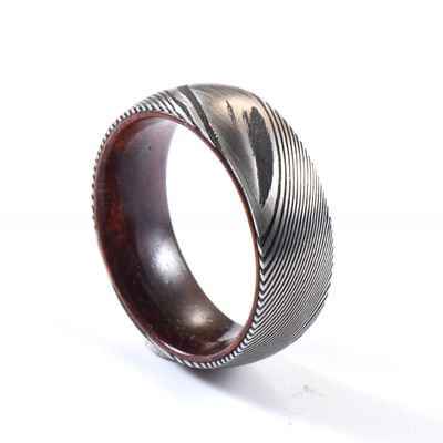 8mm Dome Latest Damascus Steel Ring With Polished Rosewood Sleeve Inlay Wedding Engagement Men's Gift Party TRENDY Style