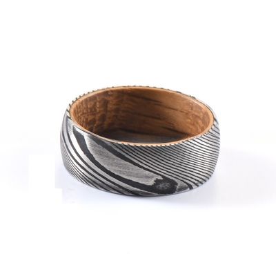 Geometric 8mm Dome Latest Damascus Steel Ring With Whiskey Barrel Wood Sleeve Inlay For Wedding Engagement Men's Gift