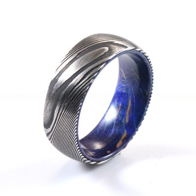 Sample Making 8mm Dome Latest Damascus Steel Ring With Blue Purple Wood Sleeve Inlay Wedding Engagement Men's Gift Party