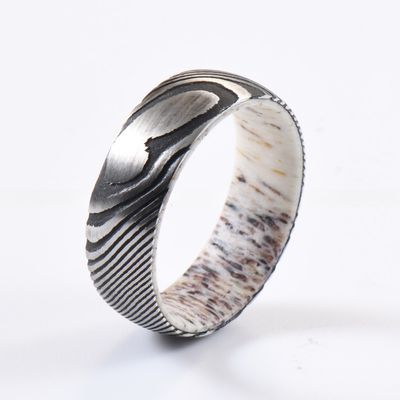 Channel Setting Inlay Technology 8mm Dome Damascus Steel Ring With Natural Deer Antler Sleeve For Men's Wedding Engagement