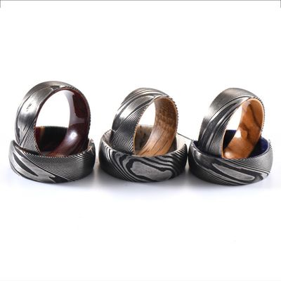 Channel Setting Inlay Technology 8mm Dome Damascus Steel Ring With Natural Deer Antler Sleeve For Men's Wedding Engagement