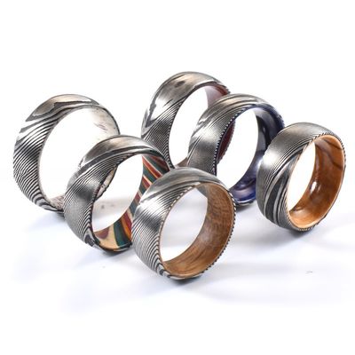 Damascus Steel Wedding Ring With Real Deer Antler Or Wood Sleeve Inlay