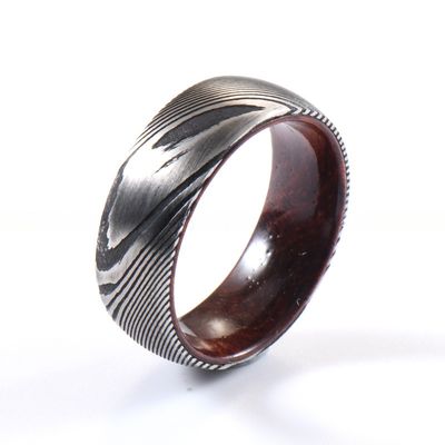 Damascus Steel Wedding Ring With Real Deer Antler Or Wood Sleeve Inlay