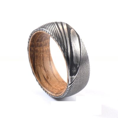 Damascus Steel Wedding Ring With Real Deer Antler Or Wood Sleeve Inlay
