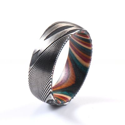 Damascus Steel Wedding Ring With Real Deer Antler Or Wood Sleeve Inlay