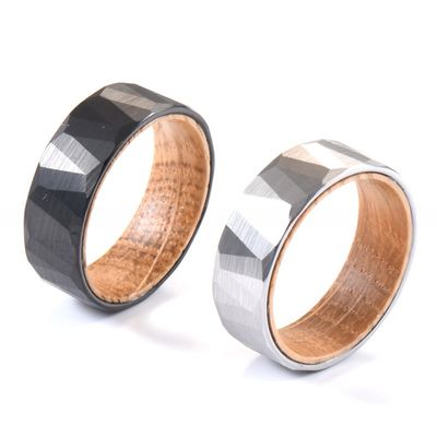 Sample Making 8mm Faceted Hammered Tungsten Ring with Whiskey Barrel Wood Inner Mens Wedding Ring Comfort Fit