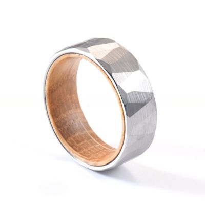 Sample Making 8mm Faceted Hammered Tungsten Ring with Whiskey Barrel Wood Inner Mens Wedding Ring Comfort Fit