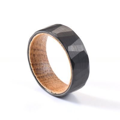 Sample Making 8mm Faceted Hammered Tungsten Ring with Whiskey Barrel Wood Inner Mens Wedding Ring Comfort Fit
