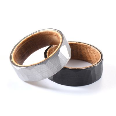 Sample Making 8mm Faceted Hammered Tungsten Ring with Whiskey Barrel Wood Inner Mens Wedding Ring Comfort Fit