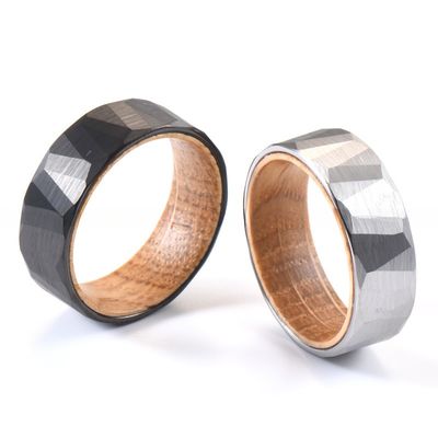 Sample Making 8mm Faceted Hammered Tungsten Ring with Whiskey Barrel Wood Inner Mens Wedding Ring Comfort Fit