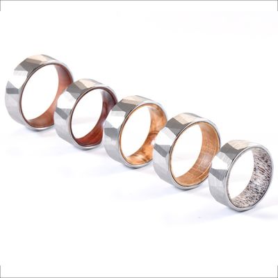 Sample Making 8mm Faceted Hammered Tungsten Ring with Whiskey Barrel Wood Inner Mens Wedding Ring Comfort Fit