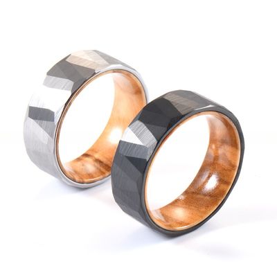 Sample Making Service Provided 8mm Faceted Silver Black Wedding Band Olive Wood Sleeve Inlay Tungsten Ring for Men Women