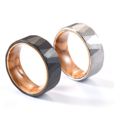 Sample Making Service Provided 8mm Faceted Silver Black Wedding Band Olive Wood Sleeve Inlay Tungsten Ring for Men Women