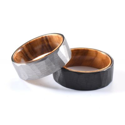 Sample Making Service Provided 8mm Faceted Silver Black Wedding Band Olive Wood Sleeve Inlay Tungsten Ring for Men Women