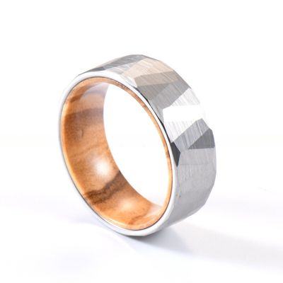Sample Making Service Provided 8mm Faceted Silver Black Wedding Band Olive Wood Sleeve Inlay Tungsten Ring for Men Women