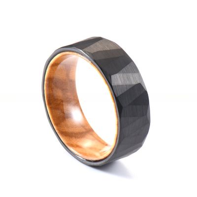 Sample Making Service Provided 8mm Faceted Silver Black Wedding Band Olive Wood Sleeve Inlay Tungsten Ring for Men Women