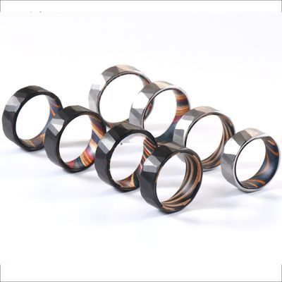 Sample Making Service Provided 8mm Faceted Silver Black Wedding Band Olive Wood Sleeve Inlay Tungsten Ring for Men Women