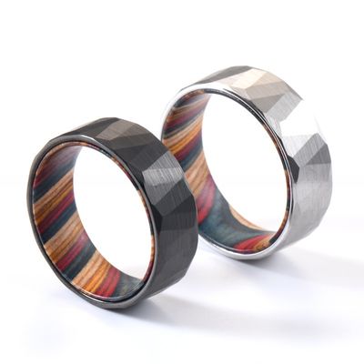 Sample Making Service 8mm Wedding Rings Box Elder Wood Colourful Hammered Black Faceted Tungsten Carbide Ring