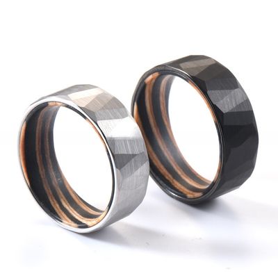 Gender Men's 8mm Faceted Style Silver or Black Tungsten Carbide Ring with Colorful Wood Insert Comfort Fit