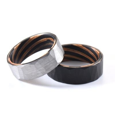 Gender Men's 8mm Faceted Style Silver or Black Tungsten Carbide Ring with Colorful Wood Insert Comfort Fit