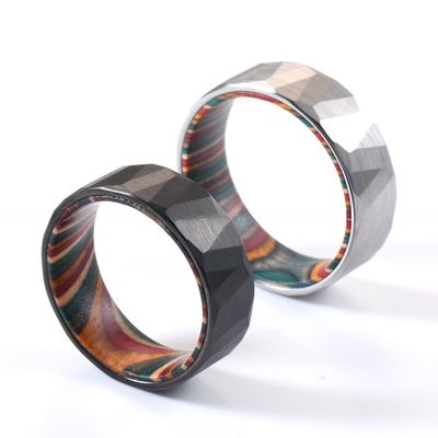 8mm Silver or Black Faceted Hammered Tungsten Carbide Ring and Colorful Box Elder Wood Inlay for Men's Wedding Gift