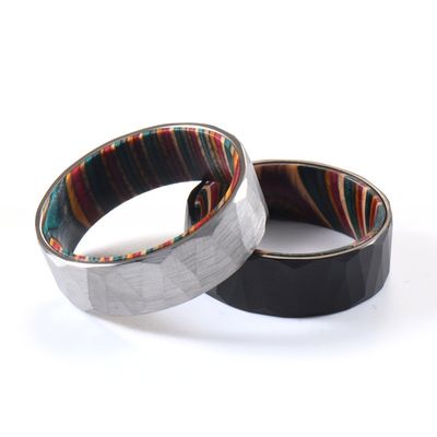 8mm Silver or Black Faceted Hammered Tungsten Carbide Ring and Colorful Box Elder Wood Inlay for Men's Wedding Gift