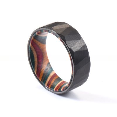 8mm Silver or Black Faceted Hammered Tungsten Carbide Ring and Colorful Box Elder Wood Inlay for Men's Wedding Gift